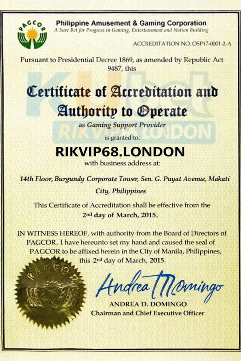Giấy phép hoạt động của rikvip được PAGCOR cấp vào năm 2015